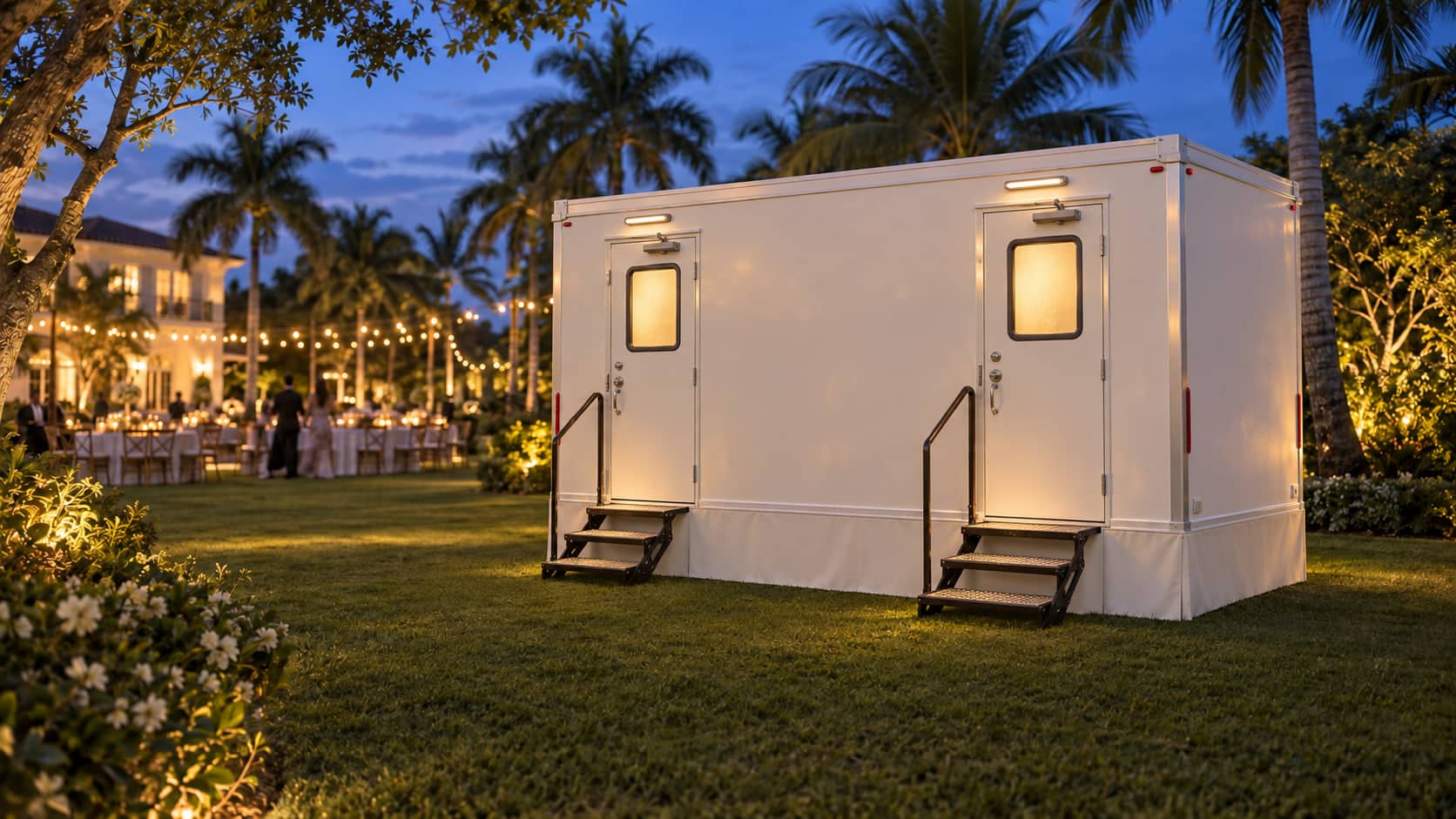 A two stall restroom trailer lit on an estate lawn at dusk, with a reception under string lights behind it