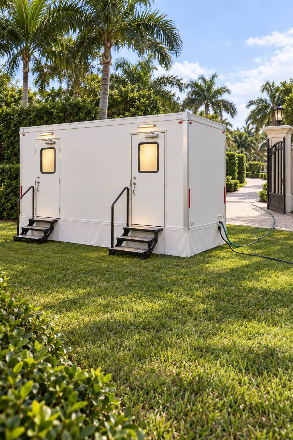 A trailer standing level on grass beside an open gate, with a hose and a power lead run to it from the drive
