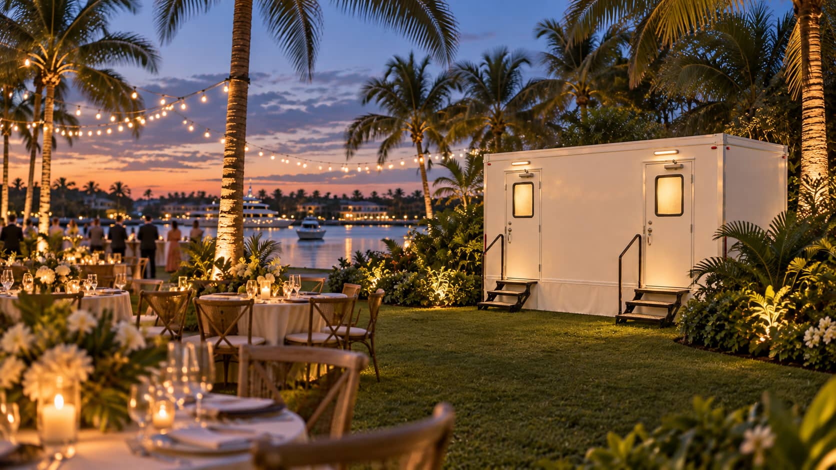 An evening reception on a waterfront lawn, with a lit restroom trailer set back among the planting